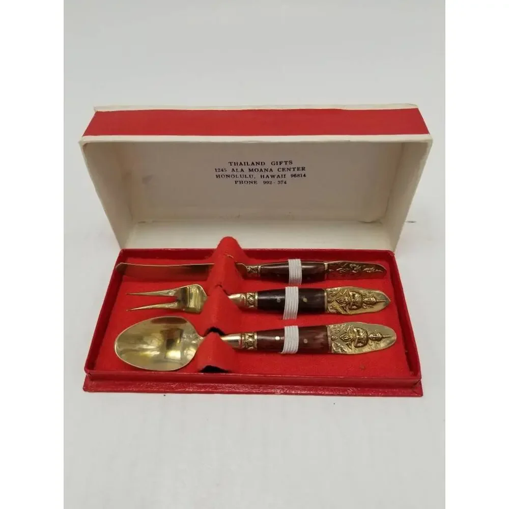 Vintage Thai Brass Rosewood Hors d'Oeuvre Set Mid Century Buddha Souvenir